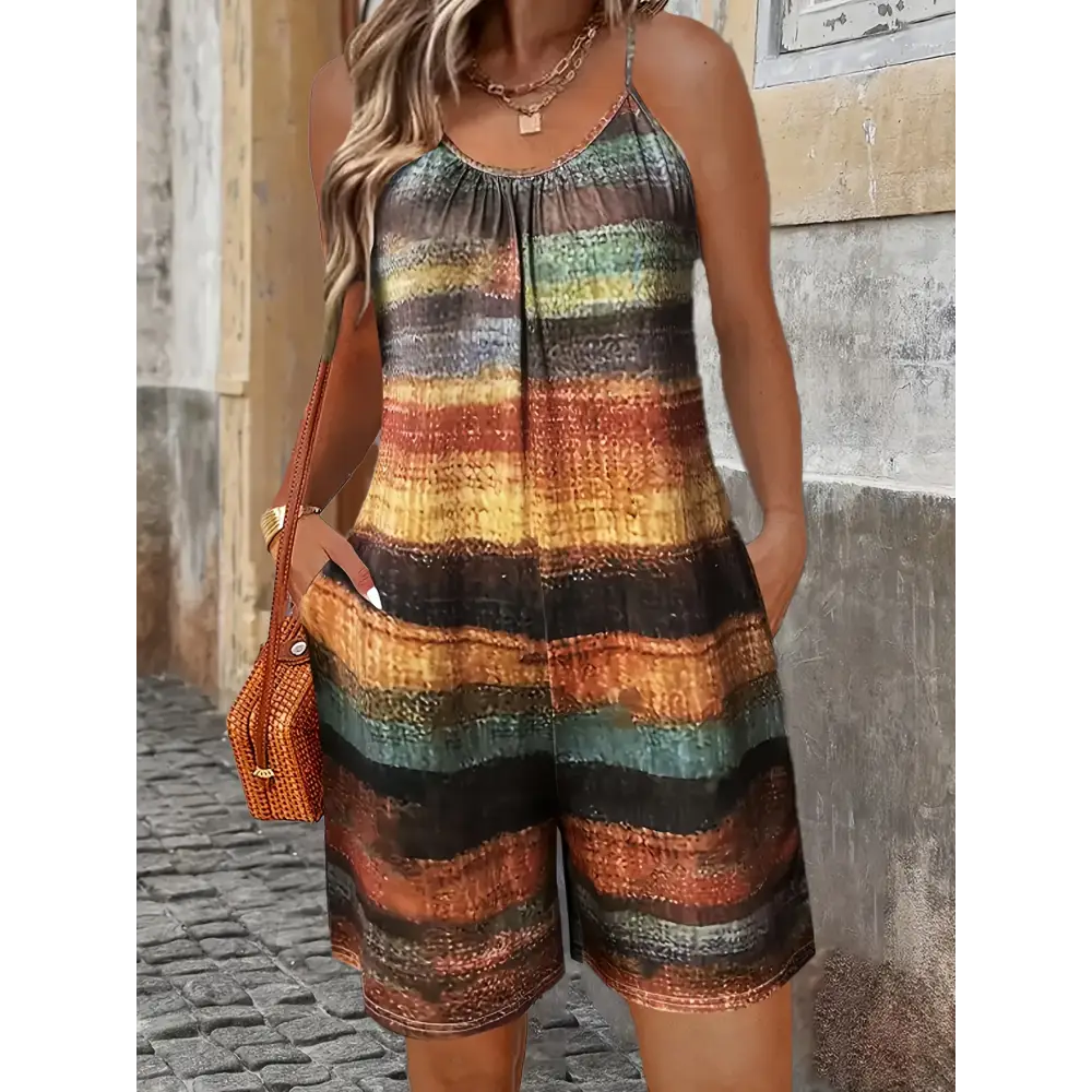 Stylish Summer Women's Jumpsuit Striped Print Elegant Sleeveless Shorts Plus Size Romper for casual fashion looks.