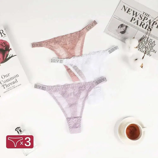 3PCS Women's Sexy Hot G String Ladies Letter Low Waist Sexy Panties Lace Thong Women Underwear Panties Antibacterial T - back - The Lady's Haven