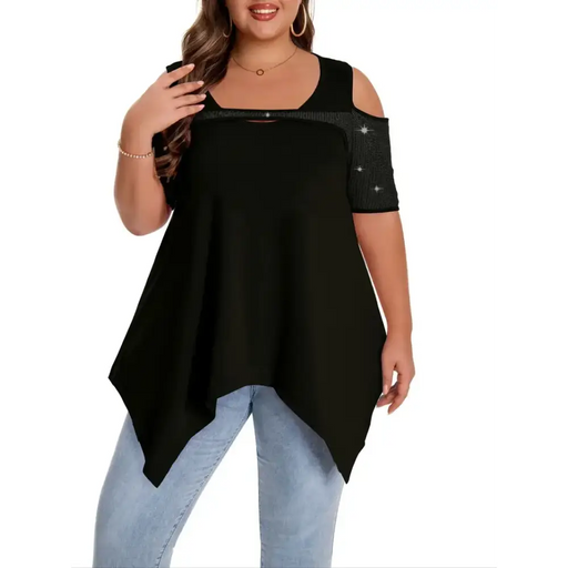 Elegant Plus Size Sequin Detail T-Shirt in solid black features a crew neck and medium stretch knit fabric for comfort.