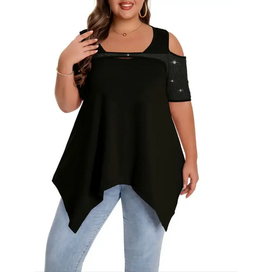 Elegant Plus Size Sequin Detail T-Shirt in solid black features a crew neck and medium stretch knit fabric for comfort.