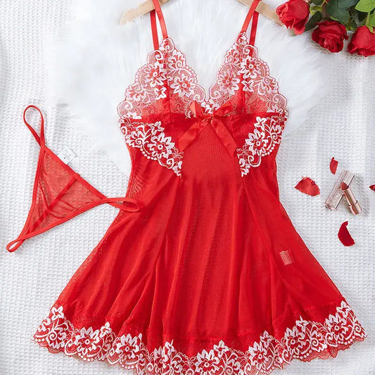 Lace Tulle Nightgown Transparent Homewear Red Sexy Clothing Night Dress V-Neck Delicate Bra Erotic Set With Thong Plus