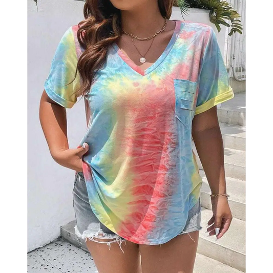 Bright and stylish, the New Plus Size European and American Women's Casual V-neck Printed Pocket T-shirt offers a fun, loose fit.