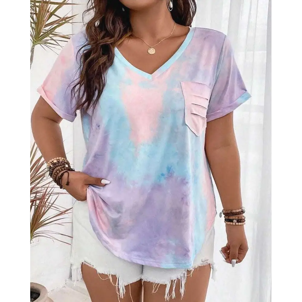 Stylish New Plus Size European and American Women's Casual V-neck Printed Pocket T-shirt in soft pastel colors.
