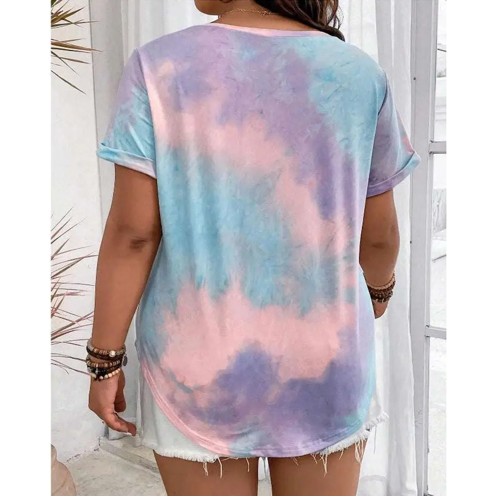 Stylish New Plus Size European and American Women's Casual V-neck Printed Pocket T-shirt in a vibrant tie-dye design.