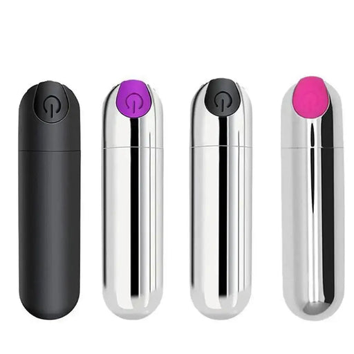 Four bullet vibrators: black, silver with purple, silver with black, and silver with pink accents.