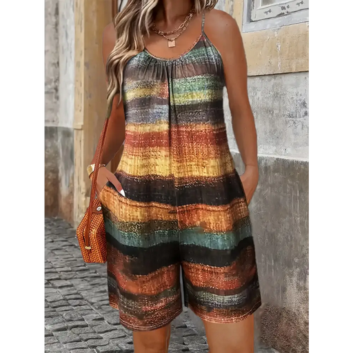 Stylish Summer Women's Jumpsuit Striped Print Elegant Sleeveless Shorts Plus Size Romper Casual Fashion for warm days.